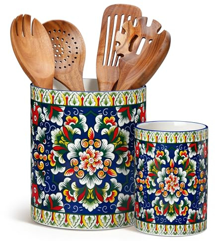 vancasso SIMI 7.3+5.5 Porcelain Utensil Holder for Kitchen Countertop | Bohemian Kitchen Utensil Organiser, Ideal for Spatulas, Ladles, Spoons, Cutlery, Counter Utensil Crock, Verdant Jewel