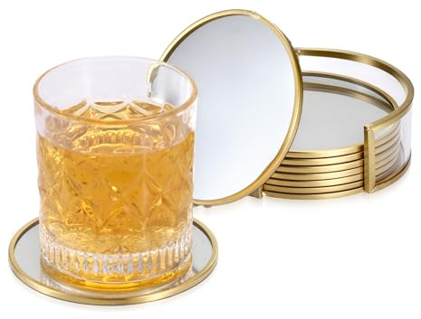 BTSKY Glass Coasters Set of 8 Round Heat Resistant Drink Mats, Gold | 10cm Mirrored Beverages Cup Glass Mats with Storage Holder, Coffee Mugs Tea Cups Glasses Protector for Table, Home Decor