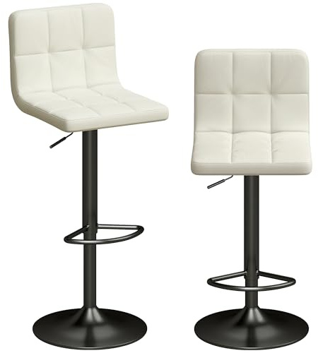 HOMCOM Set 2 Sgabelli Bar in PU Girevoli a 360° con Altezza Regolabile, Sgabelli Cucina Alti con Seduta Morbida, Poggiapiedi, Schienale, Struttura in Acciaio, Sedie Bar per Penisola Cucina, Crema