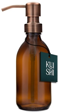 Kuishi Botella de Vidrio ámbar con Bomba de Acero Inoxidable [250ml, Bomba de Bronce], ámbar Botellas de Vidrio marrón Recargables Ideal para Lavado a Mano, champú, acondicionador (sin BPA)