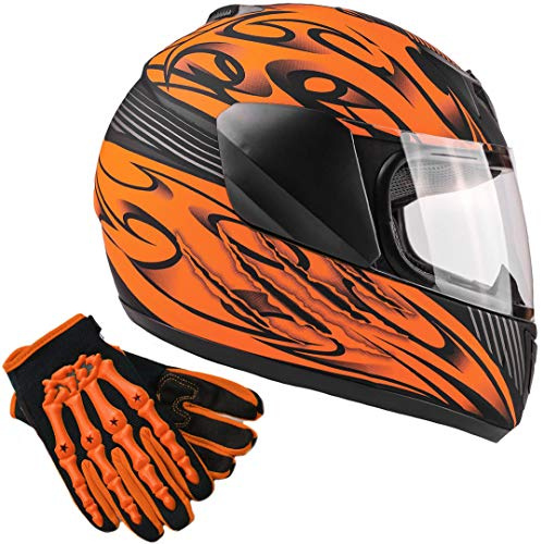 Typhoon Youth Kids Full Face Helmet with Shield & Gloves Combo Motorcycle Street Dirt Bike - Matte Orange (XL)