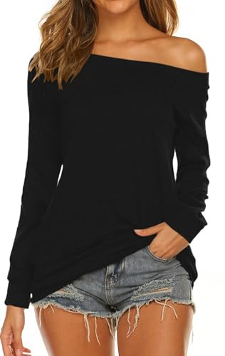 Halife Women's Long Sleeve Boat Neck Off Shoulder Blouse Tops, Black, M