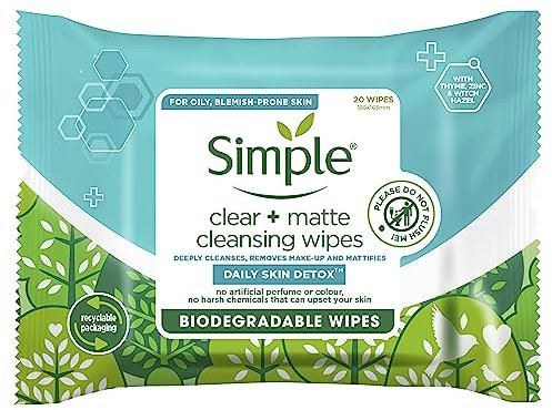 Simple Daily Skin Detox Clear + Matte Biodegradable Wipes with vitamin B3 cleansing make-up remover for oily skin 20 wipes