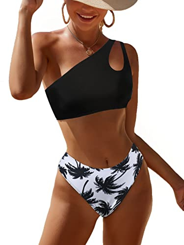 JFAN Traje de Baño Mujer Conjunto de Bikini Un Hombro Trajes de Baño Ahuecados Bañador Atractivo de Dos Piezas(Black Tree,M)