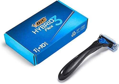BIC Hybrid 3 Flex, Nassrasierer Herren mit 10 Wechselklingen mit je 3 Klingen, mit Aloe Vera & Vitamin E, aus recyceltem Material