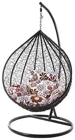 KIDEO Komplettset: großer Hängesessel mit Gestell & Kissen, Korbsessel, Poly-Rattan (Korb & Gestell: schwarz, Kissen: Blumenmuster Nest (3762 Retro Flowers)