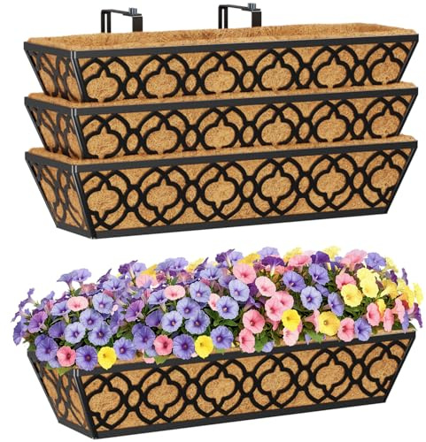 HFHOME 4Pcs 60.9cm/24in Railing Planter Box, Metal Wall Trough Rail Planters with Coco Liner and Adjustable Brackets, Gardening Kit for Window Box Porch Balcony Fences