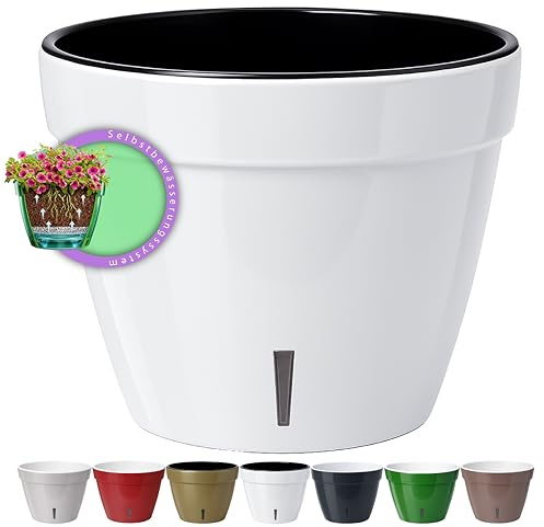 Santino ASTI 20CM Selbstwässernder Blumentopf mit Wasserstandsanzeiger - Rund Premium Qualität Innen Blumentopf für Anlagen, Blumen, Kräuter (Ø 20 cm, H 16 cm, 4L - White/Black)