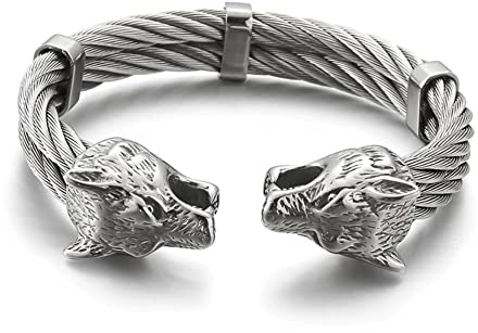 PBTMCD Herren-Armreif mit Wolfskopf, verdrehter Armring, Edelstahl, Punk Biker Gewebe, aufklappbare Handgelenkskette, Fenrir Wikinger Armband, heidnischer Amulett Schmuck