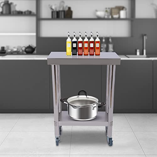 KenSyuInt 2 Ebenen Edelstahltisch mit Rollen, Edelstahl Arbeitstisch Küchentisch Catering Tisch Lebensmittel Zubereitungstisch für Küche, Bar, Restaurant, Haus, Hotel, Outdoor (60 * 45 * 85 cm)