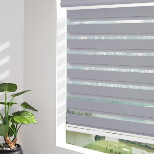 Changshade Custom Size Cordless Zebra Blinds for Indoor Window Light Control Dual Layer Roller Zebra Shades with Blackout for Home Office,Living Room,Easy Installation Zebra Blind Dark Grey