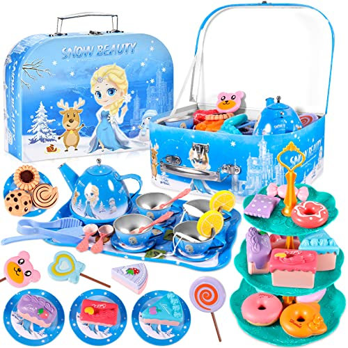 AOUVT 50 Pcs Set da Tè per Bambini, Ice Princess Tinplate Tea Party Gioco di Finzione, Accessori Cucina Bambini, Set da tè Giocattolo con Valigia, Regalo Perfetto per Ragazze di 3 4 5 6 7 Anni