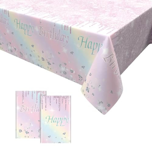 2PCS Regenbogen Party Tischdecke,Roségold Tischdecke Wasserdicht Plastik Tischtuch Sterne Diamant Geburtstag Party Tischdecke Dekorationen für Mädchen Frauen Geburtstag Party 137 x 274cm