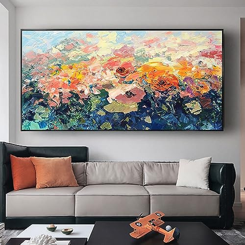 SAAKO Wandkunst Für Wohnzimmer,Wandkunst Auf Leinwand, 100% Handgemalte Zeitgenössische Kunst-Wandgemälde, Abstrakte Blumenlandschaft, Rahmenlose Handgefertigte Gemälde, Heimbüro-Dekorationen, Wandku