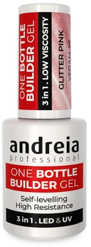 Andreia Professional Nagelgel-Aufbau für Nagelverstärkung - Dreiphasig 3 in 1 Niedrige Viskosität - LED & UV Aufbaugel in einer Flasche - Nagelverlängerung - Farbe Glitzer Rosa 14ml
