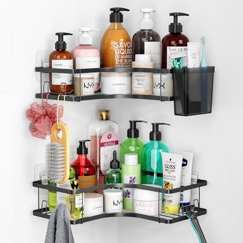 Radikor Duschablage Eckregal, 2 Stück Selbstklebend Duschregal Ohne Bohren, Badezimmer Regal Edelstahl, Badezimmer Organizer mit 8 Haken und Zahnpasta Halter, Duschkorb für Bad Küche - Schwarz
