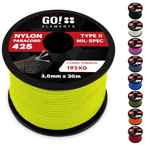 GO!elements Paracord Seil aus reißfestem Nylon - 3mm Paracord 425 Typ II max. 192kg - Schnüre als Outdoor Seil, Allzweckseil, Survival Seil, Armband, Hundeleine, Nylonschnur