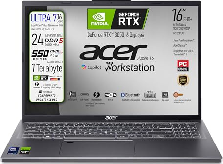 Acer, pc portatile Intel Core Ultra7 155H, RAM DDR5 24 Gb, SSD 1Tb (2x512Gb), Display 16 FHD+ IPS WUXGA, GeForce RTX 3050, Tastiera Retroilluminata, Finger, Wi-Fi 6, LAN, Win 11 - preconfigurato