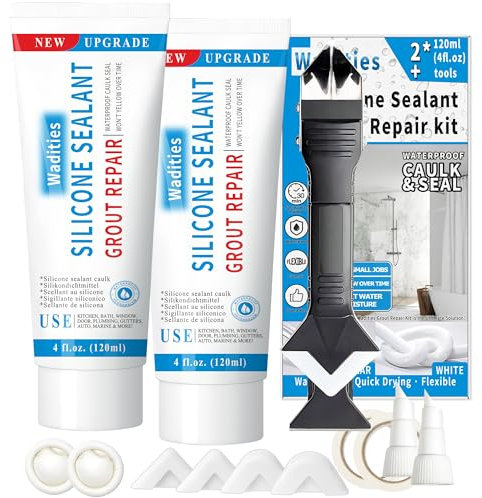 Wadities Waterproof Caulk & Seal Silicone Sealant White 8oz/240ml Tile Grout Repair Kit with Tools Grout Remove Scraper, for Floor, Window, Bathroom, Kitchen, Frames Seal, Sink Joint