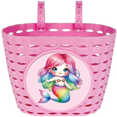 Dankeler Pink Bicycle Basket for Girls, Lovely Front Bicycle Basket, Adjustable Plastic Basket for Children, Baby Girls, Toddlers (Mermaid)