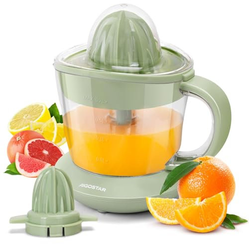 Aigostar Exprimidor de Naranjas Electrico, 40W, 700 ml, Doble Sentido de Giro, Boquilla Antigoteo, 2 Conos Desmontablesy Cubierta Antipolvo (Verde)