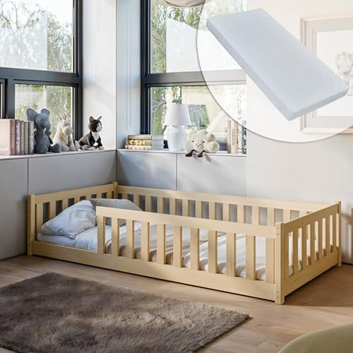 Kids Collective Kinderbett Bodenbett 90x200 cm mit Rausfallschutz, Matratze & Lattenrost Bett Bed Gitterbett Kinder Jugendbett Einzelbett | Natur | von 4. bis 18. Lebensjahr