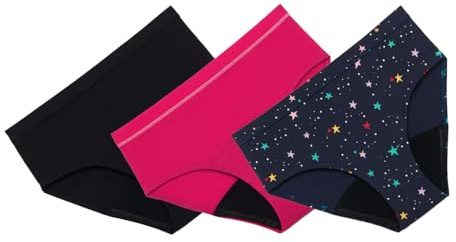 Thinx Teens Period Underwear, Brief-Style Period Panties for Teens, Holds Up to Regular 12 Tampons*, Period Panties, Reusable, 3-Pack - (2) Black + (1) Hot Pink, Size 9/10