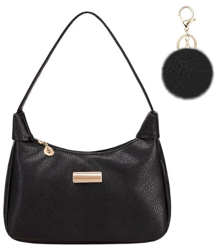 Aucuu Unterarmtasche Damen, Handtasche Damen, Leder Schultertasche, Retro Achsel Tasche, Fashion Freizeit Umhängetasche mit Pom-Pom-Schlüsselanhänger, für Dating, Party, Einkaufe, Geburtstag