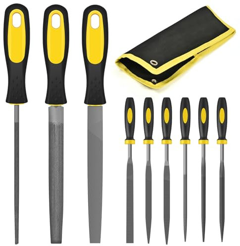 FZENeast Feilen Set, 9tlg Hochwertiges Profi Kohlenstoffstahl Feilen Satz mit Aufbewahrungstasche, Flachfeile/Halbrundfeile/Rundfeile und 6pcs Nadelfeilen für Holz Metall und Holzbearbeitung