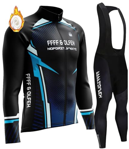 Herren Langarm Radsportanzüge Radtrikot Set Radfahren Kleidung Langärmeliges Fahrradtrikot Winter Warm Fleece Atmungsaktiv Quick-Dry mit 9D Gel Gepolsterten Trägerhosen