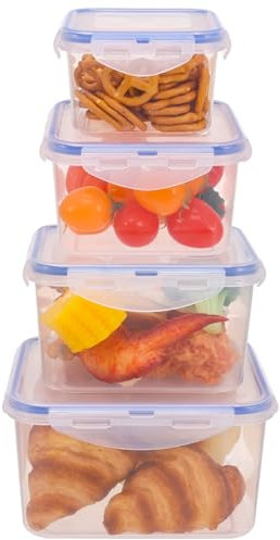 4 Pack Food Storage Container with Lid, Airtight Snack Pots Sqaure Leakproof Stackable Container Set Storage Pots with Clip-Lock eusable Meal Prep Lunch Box, Microwave Freezer & Dishwasher Safe