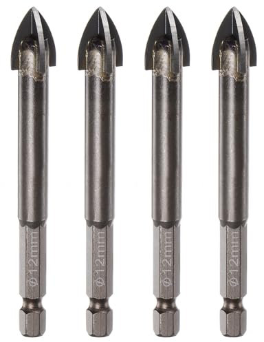 sourcing map 4 punte da trapano rivestite in titanio per muratura, 12 mm x 85 mm, punte da trapano per piastrelle di ceramica con gambo esagonale da 6,35 mm, per piastrelle di ceramica, marmo,