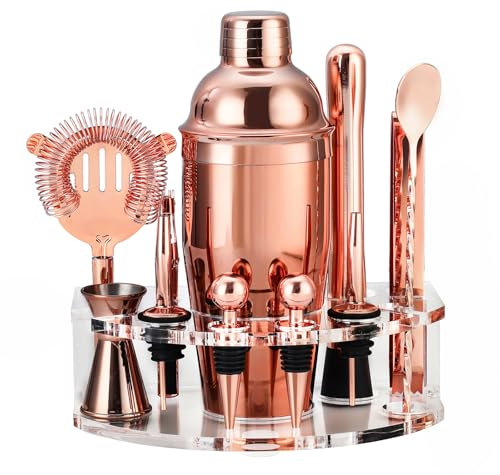 Cocktail Shaker Set, Edelstahl Cocktail Set mit 12 teiligem Bar Zubehör, 750ML Shaker Barkeeper Set mit Ständer, Cocktail Maschine Bar Set für Zuhause, Geschenke für Männer Dad Barkeeper (Roségold)