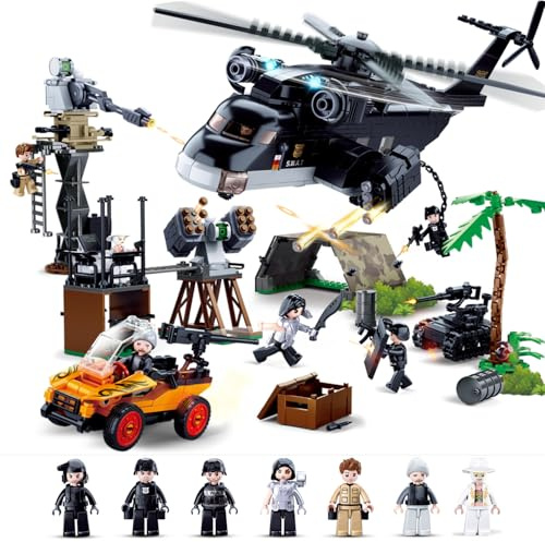 City SWAT Building Set - 7 Minifigures, Helicopter, Police Car & 830 Pieces - Compatible with Lego City Police Station - Gift for Boys & Girls Aged 6+