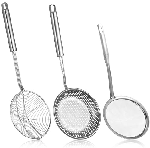 Spider Strainer & Skimmer Spoon Set, 3-Piece Stainless Steel Ladle Metal Wire Sieve Large Holes Slotted Colander Fryer Scoop Fine Mesh Strainers with Long Handle, Food Sifter for Kitchen Cooking