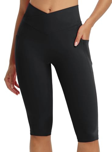 baleaf Women's Knee Length Capri Leggings with Pockets Capris High Waisted Yoga Casual Workout Exercise Black L
