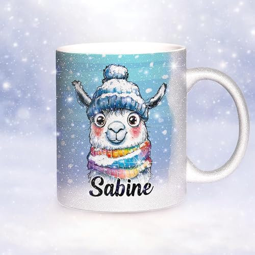 Sunnywall Glitzertasse Personalisiert mit Namen – Weihnachtstasse - Winter-Edition - Wintertasse aus Keramik - Geschenkidee (Alpaka, Silber | Glitzer)
