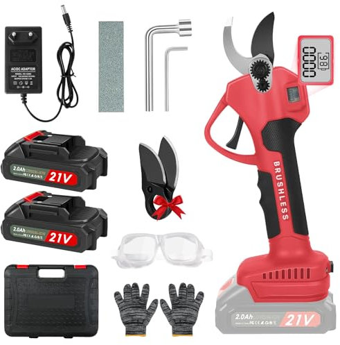 Troncarami elettrico a batteria da 40 mm, con 2 batterie da 21 V, 2000 mAh, set di lame di ricambio, display LCD, motore senza spazzole, forbici elettriche, tagliarami (rosso)