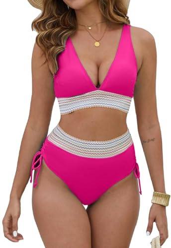 Joligiao Maillots de Bain Femme Deux Pièces Taille Haute Ensemble de Bikini avec Contrôle du Ventre Gainant Bikini Set Push Up Rembourré Hauts de Bikini Col en V Maillot de Bain(Rose Chaud,XL)