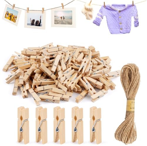 150 Pezzi Piccole Mollette in Legno 3.5cm con 10M Corda di Iuta Mollette di Legno Naturale e Riutilizzabile Resistente all'Esterno per Appendere Immagini, Cartoline, Foto e Regali, Artigianale