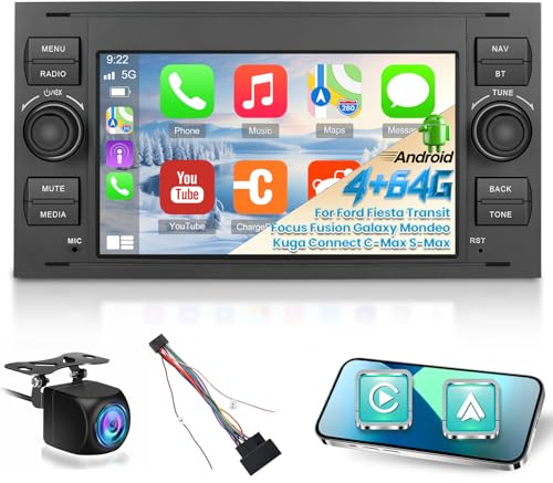 [4+64G] Android Radio for Ford Transit Fiesta Focus Galaxy Mondeo Fusion Kuga C-Max S-Max Wireless Carplay & Android Auto Car Stereo with GPS, WiFi, 32EQ, Bluetooth 5.0, FM/RDS Radio