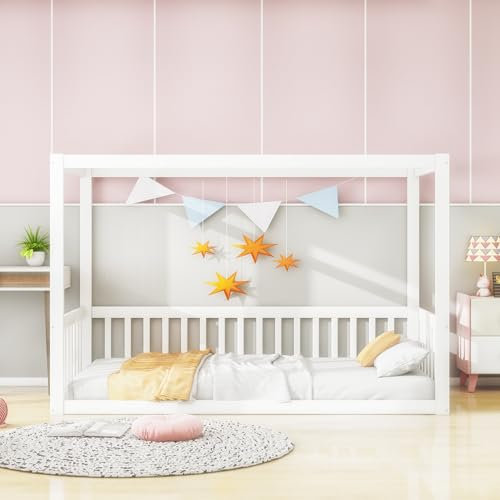Lcoho Kinder-Standbett 90 x 200 cm, Himmelbett Massivholz Bettgestell für Kinder Jugendliche (Weiß)