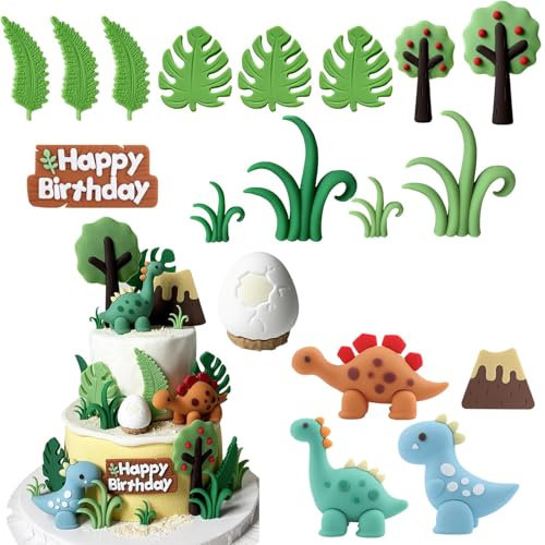Dinosaur Cake Toppers, 18Pcs Dinosaur Cake Decorations, Dinosaur Birthday Decorations for Kids Party, Soft Rubber Dinosaur Cake Topper Set
