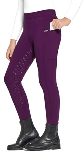 FitsT4 Sports Winter Riding Breeches Children Winter Riding Leggings Girls Silicone Full Seat Thermal Breeches with Mobile Phone Pocket and Pockets, purple, XL