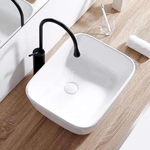 Aioneer Lavabo De Salle De Bain Rectangulaire en Porcelaine Blanche 49,9 X 37,8 Cm, Meuble-Lavabo De Salle De Bain À Poser, Vasque Artistique avec Robinet Noir Mat.