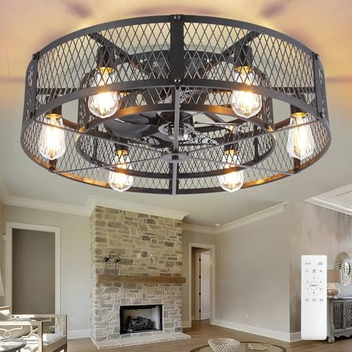 Depuley Ventilador de techo con rejilla y luz: ventilador de techo negro de 26 pulgadas con control mediante para dormitorio - Ventiladores de techo rústicos para cocinas rústicas