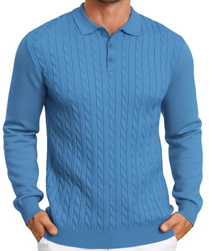 Elainone Pull Homme à Col Polo Manches Longues Pull Tricoté en Maille Hiver Pullover Homme Decontracté Business Pulls Bleu Roi M