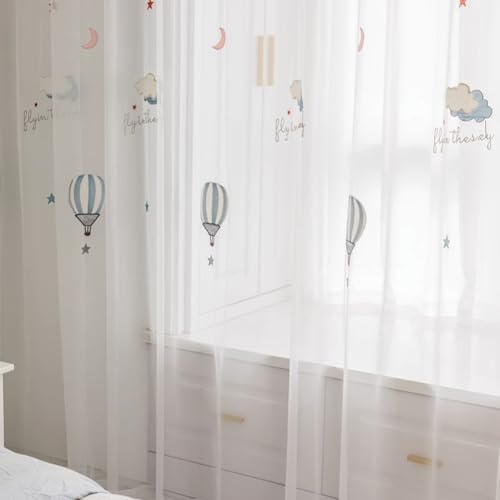 Lsimeru Vorhang Mädchenzimmer Transparent mit Heißballon Wolke Stern Mond Muster-Gardinen Mädchen Jungen Kinderzimmer Babyzimmer-2er Set Ösengardinen Ösenvorhang für Kinder Baby,140x225
