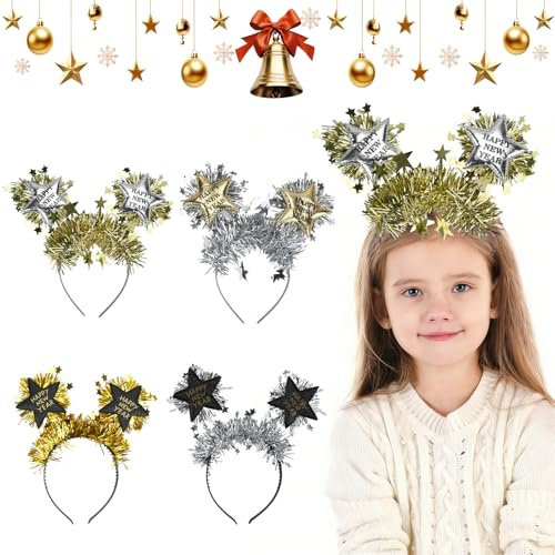 ouhos 4 Stück Silvester Haarreifen, Karneval Party Stirnband, Glitzer Stern Silber Gold Silvester Haarband Haarschmuck Zubehör für Erwachsene und Kinder