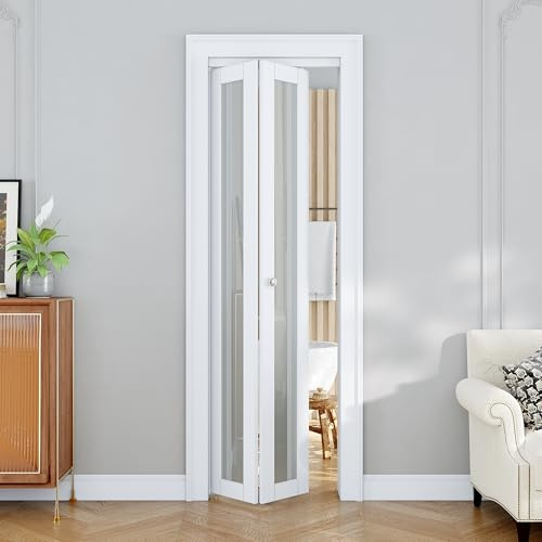 Bifold Doors for 28x 80 Opening, 1-Lite Tempered Frosted Glass Bifold Closet Doors wit Hardware Kit, Pre-Assembled CARB P2 MDF Panel for Pantry/Laundry/Closet with PVC Surface, White
